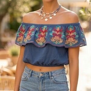 Surf Gypsy Blue Embroidered Off-the-Shoulder Ruffle Crop Top Boho Size Medium